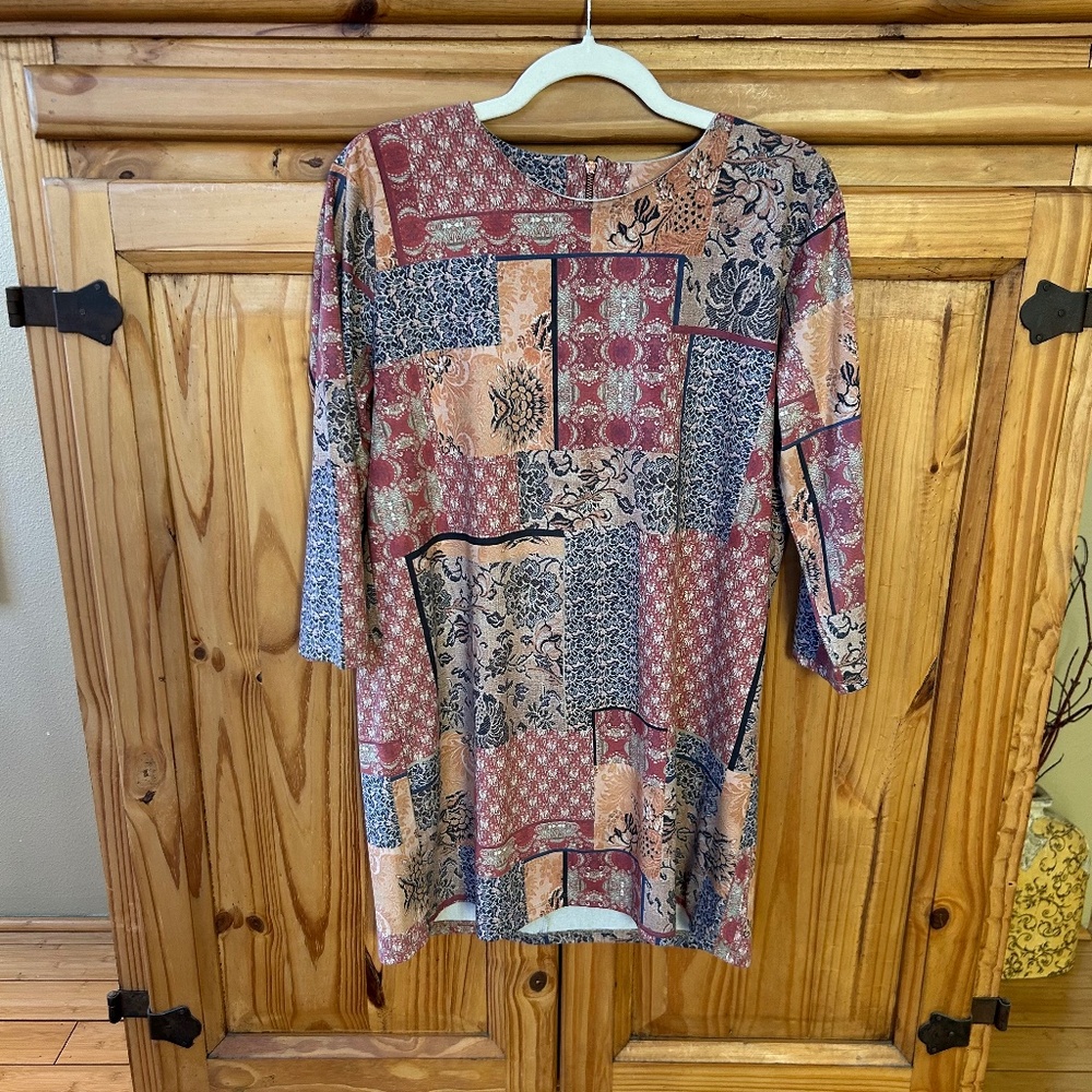 Mely Tunic Top Paisley Patchwork Print 3/4 Zipper‎ in Back Faux Suede Women's L